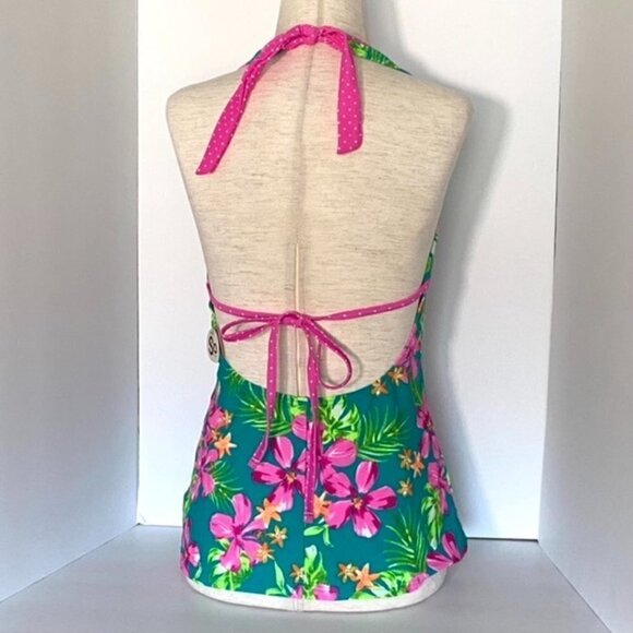 SO V Neck Halter Top Tankini Swimsuit Juniors Sz L Floral Pink Green Tropical - Picture 13 of 16